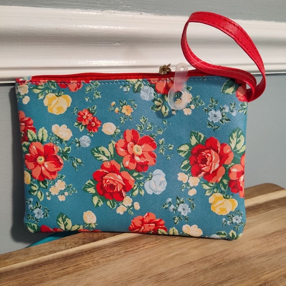🌺 2022 New Pioneer Woman Vintage Floral Teal Blue & Red Cosmetic Bag - Picture 3 of 4